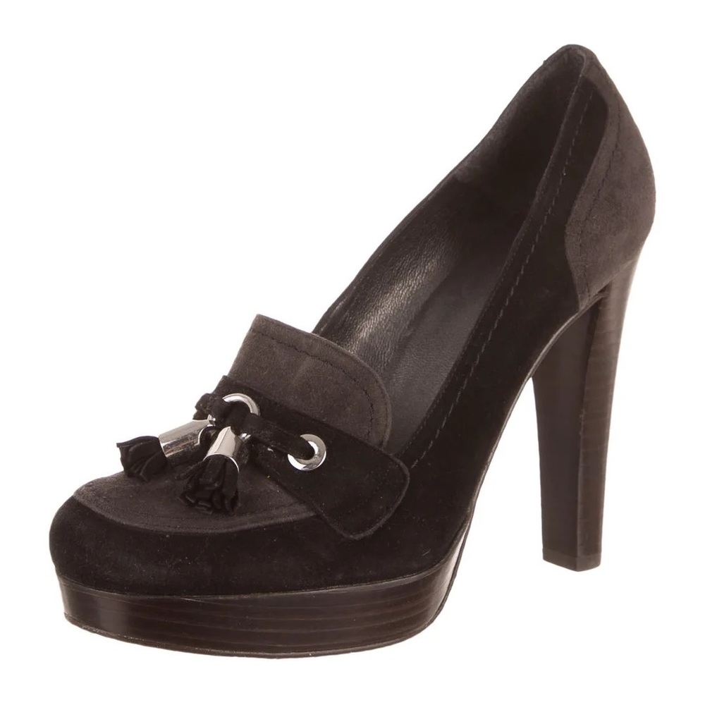 Stuart Weitzman Black Suede and Leather Loafer Pumps